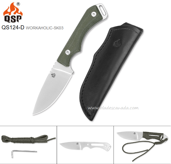 QSP Workaholic Fixed Blade Knife, N690, Linen Micarta, Leather Sheath, QS124-D